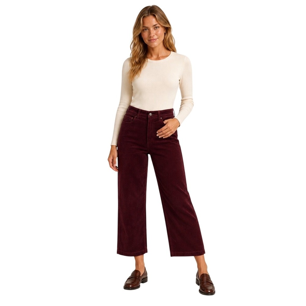 PAIGE Anessa Corduroy Pants Size 27 Dark Oxblood High Rise Wide Leg